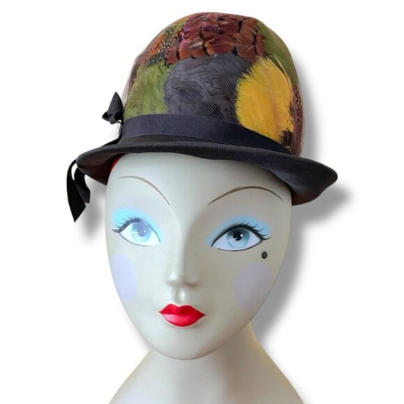 Vintage 1960s Womens Pheasant Feather Hat Angel Designs Brown Wool Dress Toque - Picture 11 of 16